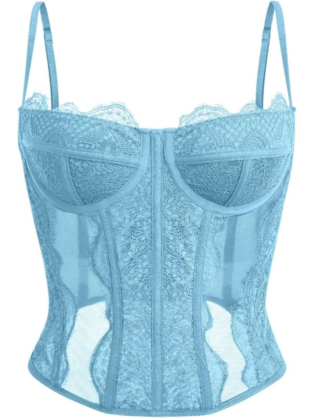 Women's light blue Boned Lace Mesh Underwire Bustier Spaghetti Strap Corset Top
